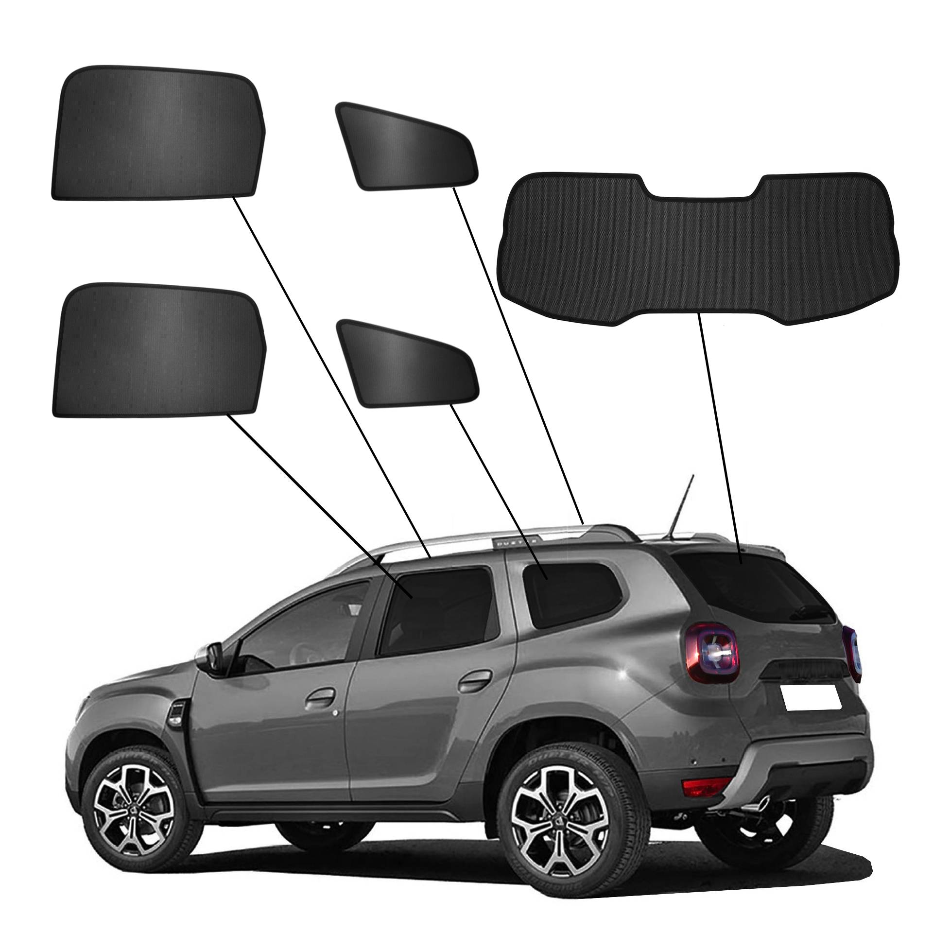 Dacia Duster II SunClip privacy & sun protection 2018- a Dacia Duster 2 with an ABC set
