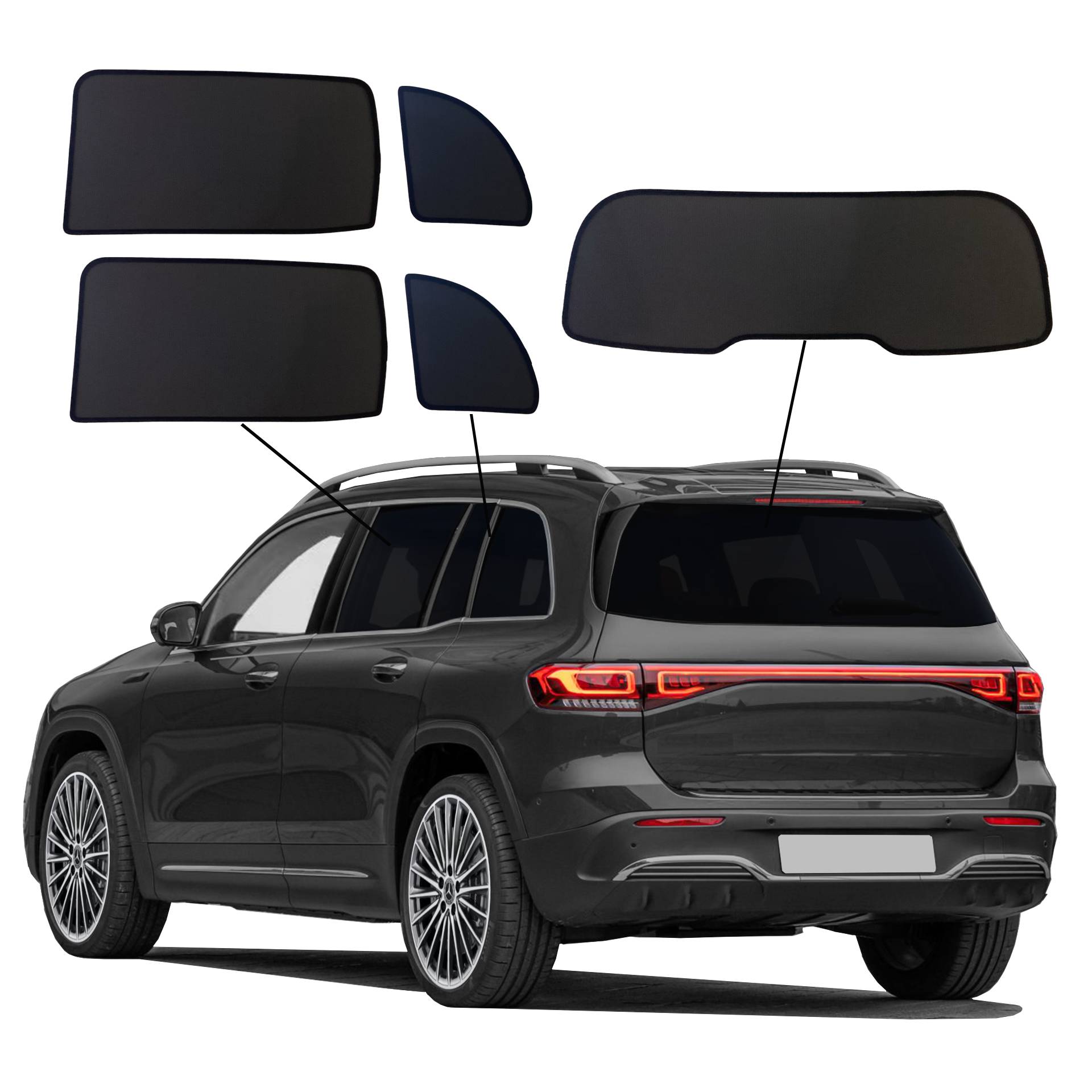 Mercedes EQB X243 2021 bis 2025 SunClip Sonnenschutz Sichtschutz UV-Schutz Auto Sonnenblende Hitzeschutz Insektenschutz Autoscheibentönung Blendschutz ein Mercedes EQB mit einem ABC Set