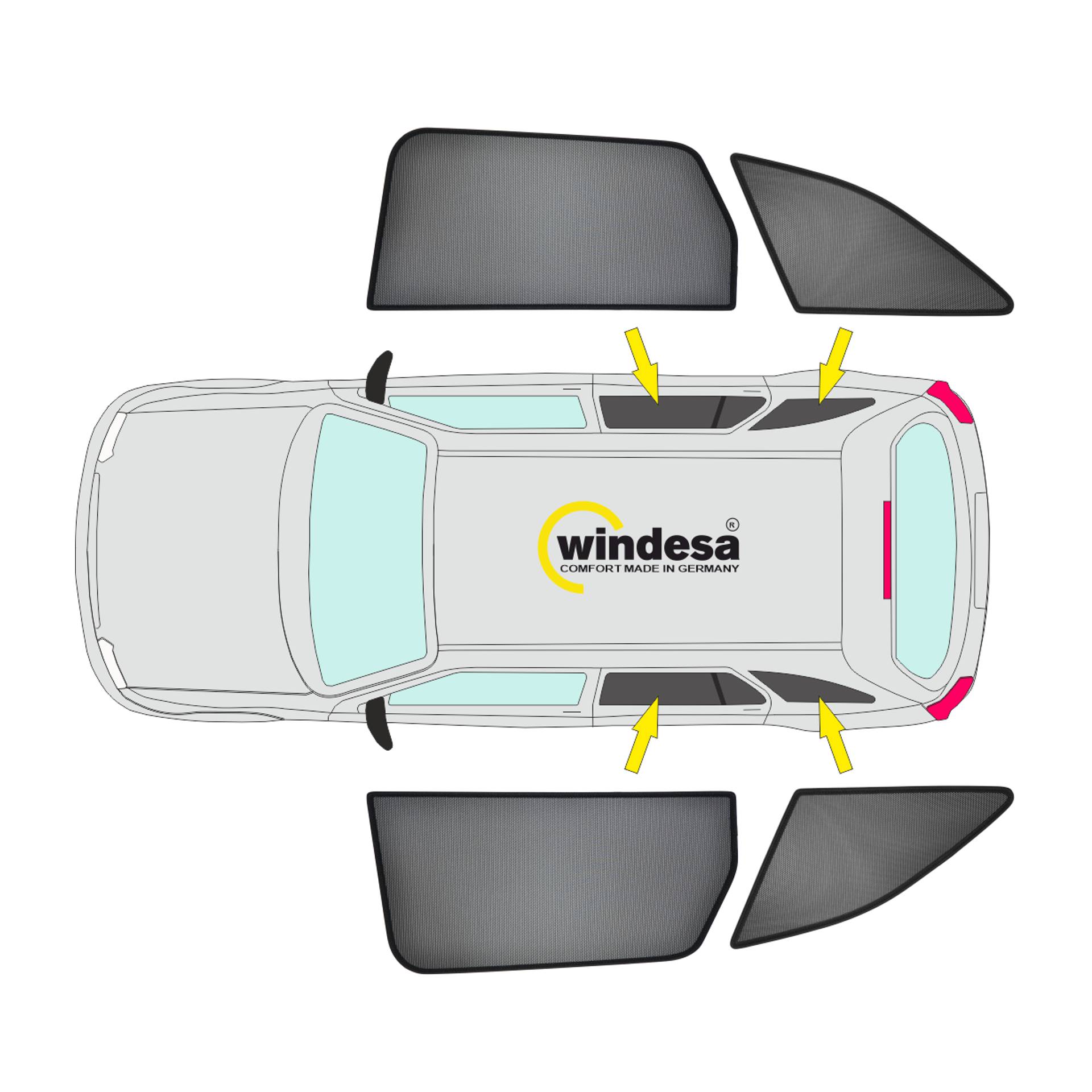 es wird die Position der Blenden an den vorderen und hinteren Scheiben am Auto gezeigt (AB Set)