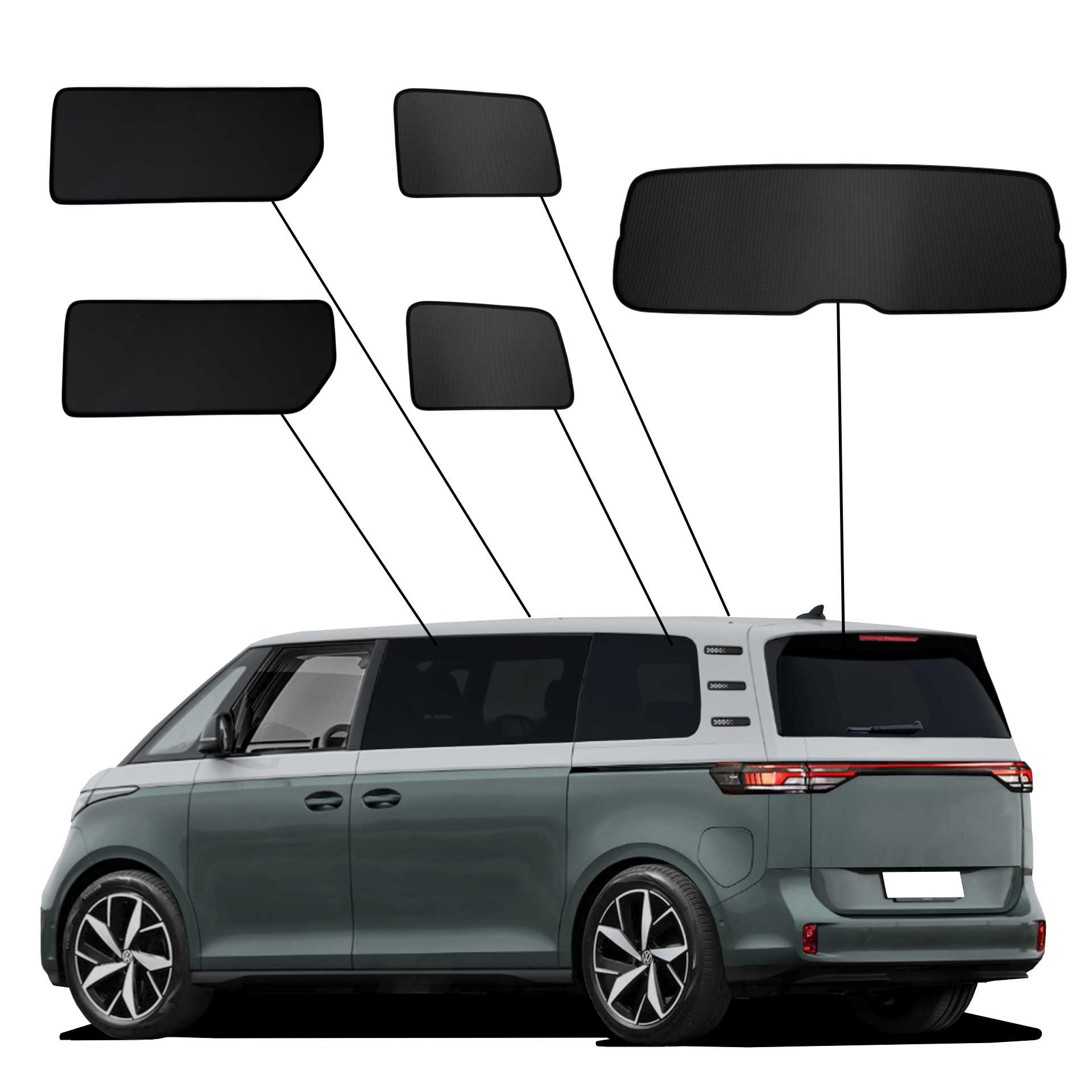 VW ID Buzz long from 2024 onwards SunClip Sun Protection Privacy Protection UV Protection Car Sun Visor Heat Protection Insect Protection Car Window Tinting Anti-Glare Protection ein vw id buzz mit einem ABC Set