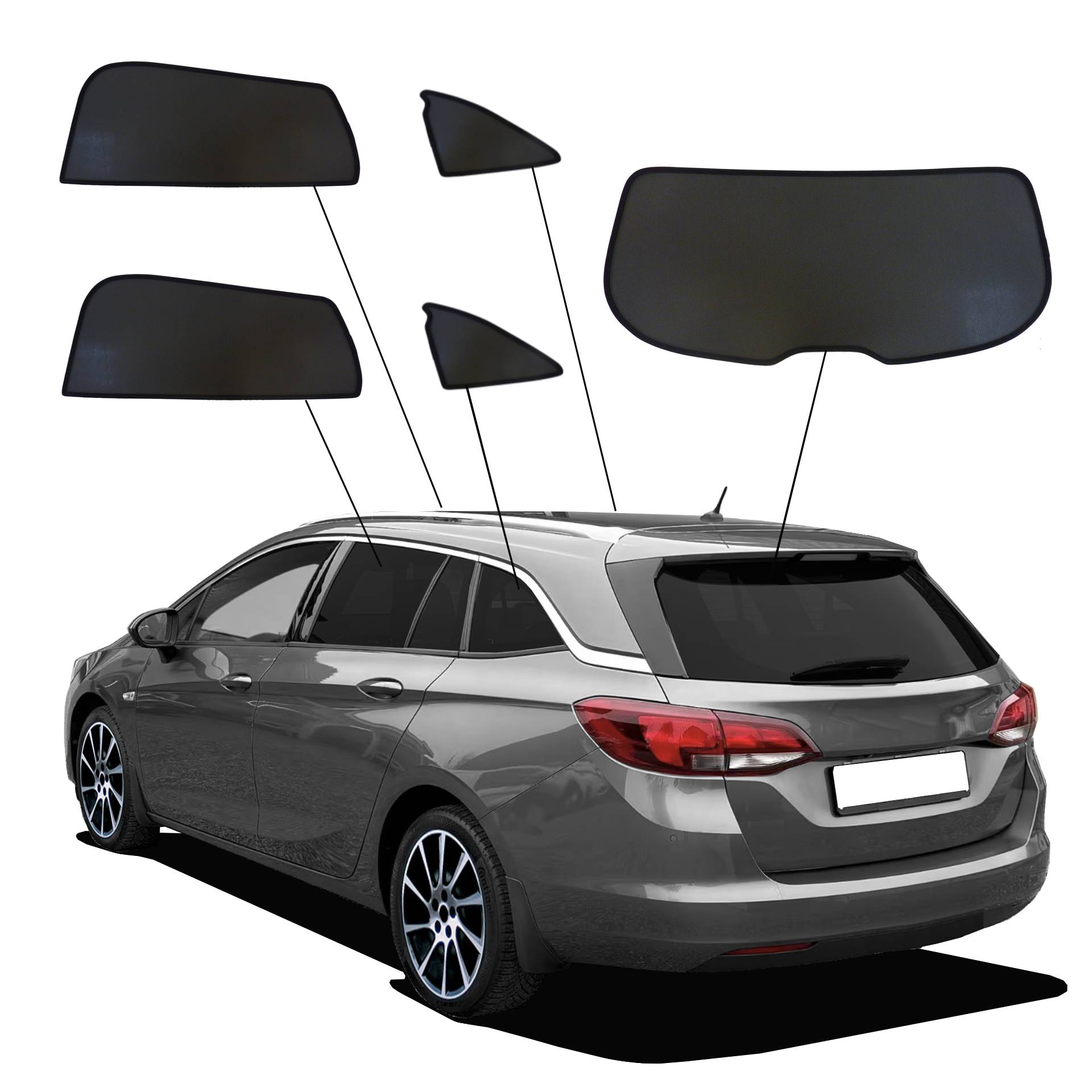 Opel Astra K Sportstourer SunClip Auto Sonnenschutz & Sichtschutz 2016-2022 ein Opel Astra K Sportstourer mit einem ABC Set