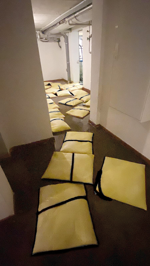 many water protection cushions lie on the wet cellar floor and soak up water
