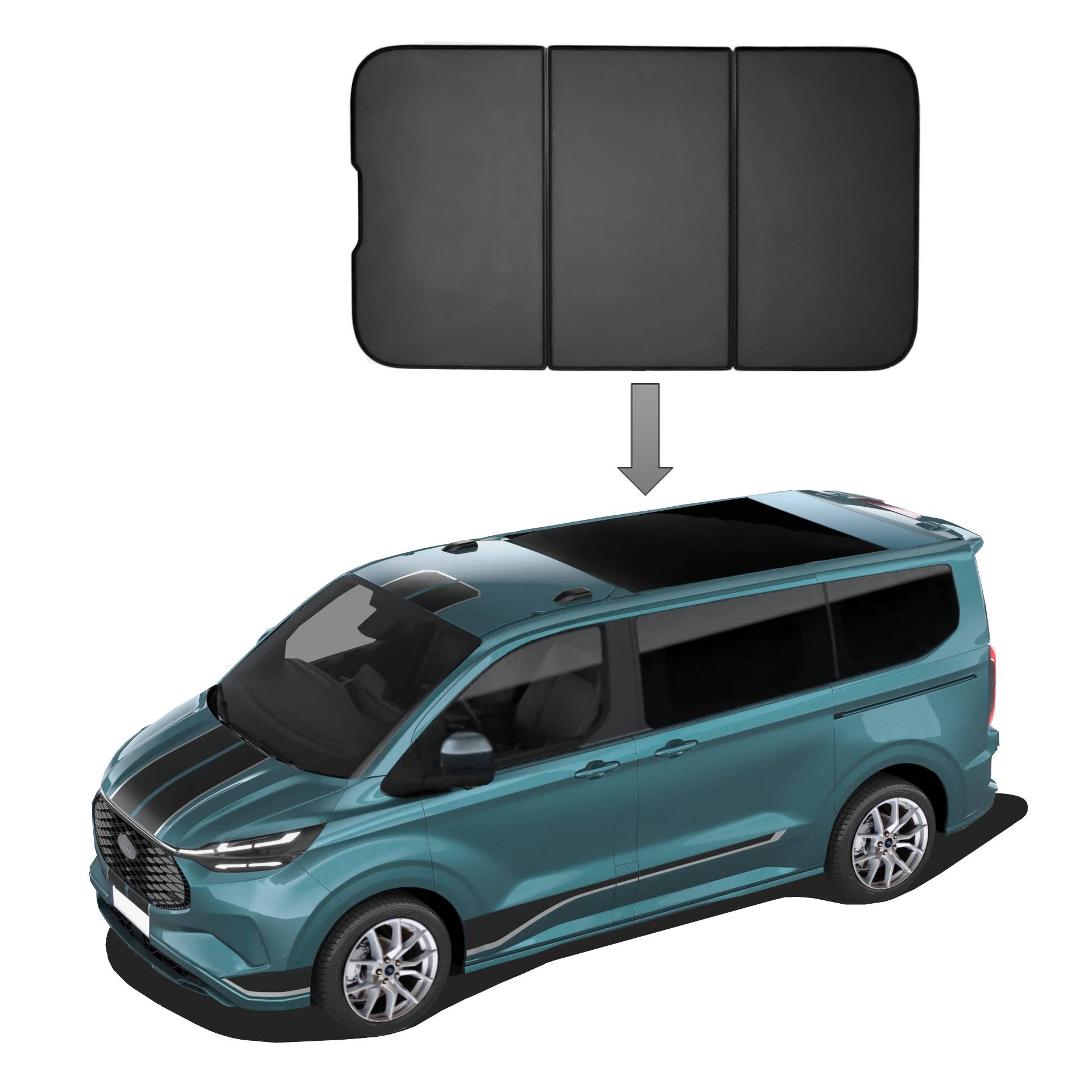 Ford Tourneo Custom L1 Bus Panoramadach ab 2024 SunClip Auto Sonnenschutz Sichtschutz UV-Schutz Auto Sonnenblende Hitzeschutz Autoscheibentönung ein Ford Tourneo Custom mit einem SunClip Panoramadach