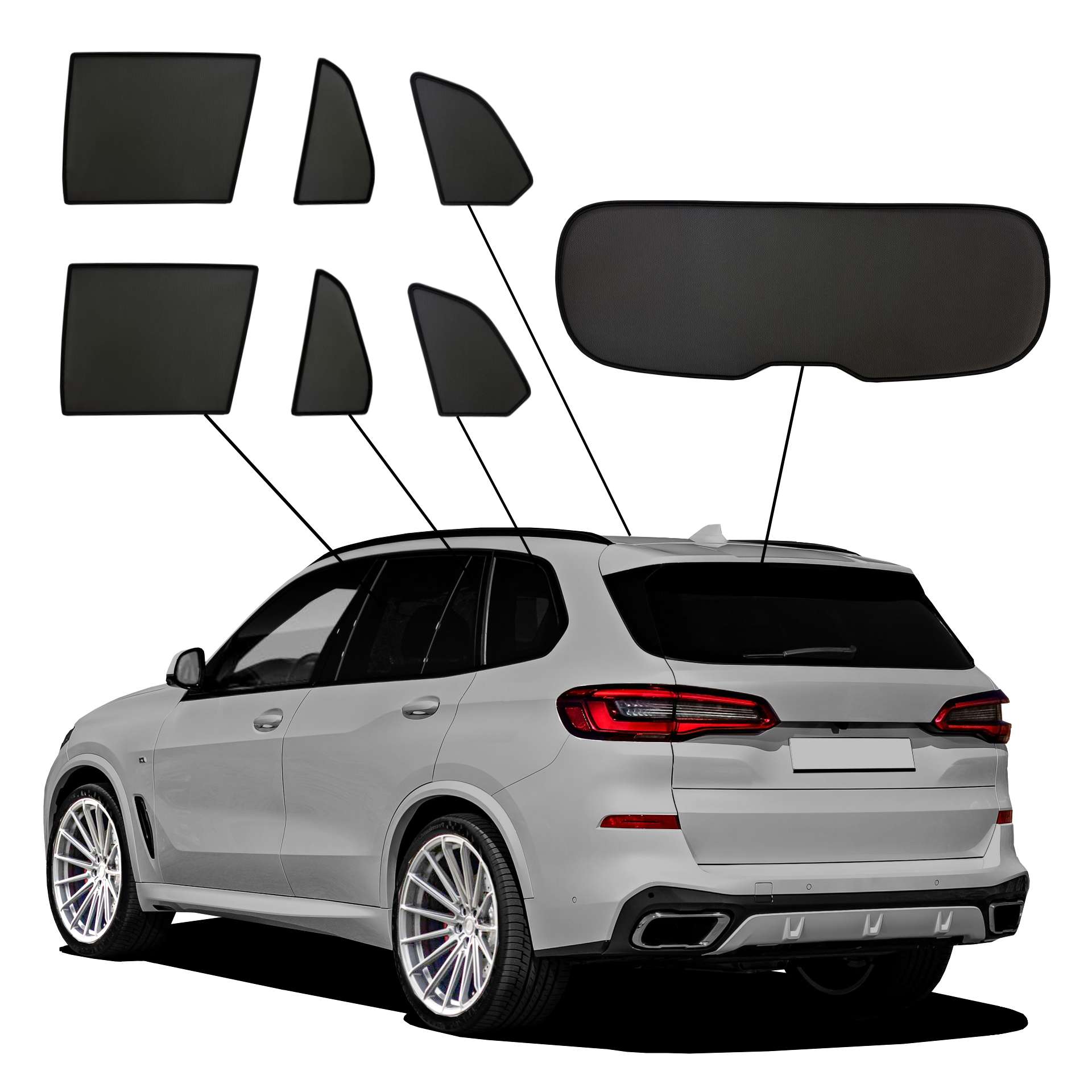 BMW X5 ab 2018 SunClip Sonnenschutz Sichtschutz UV-Schutz Auto Sonnenblende Hitzeschutz Insektenschutz Autoscheibentönung Blendschutz ein BMW X5 mit einem ABC Set