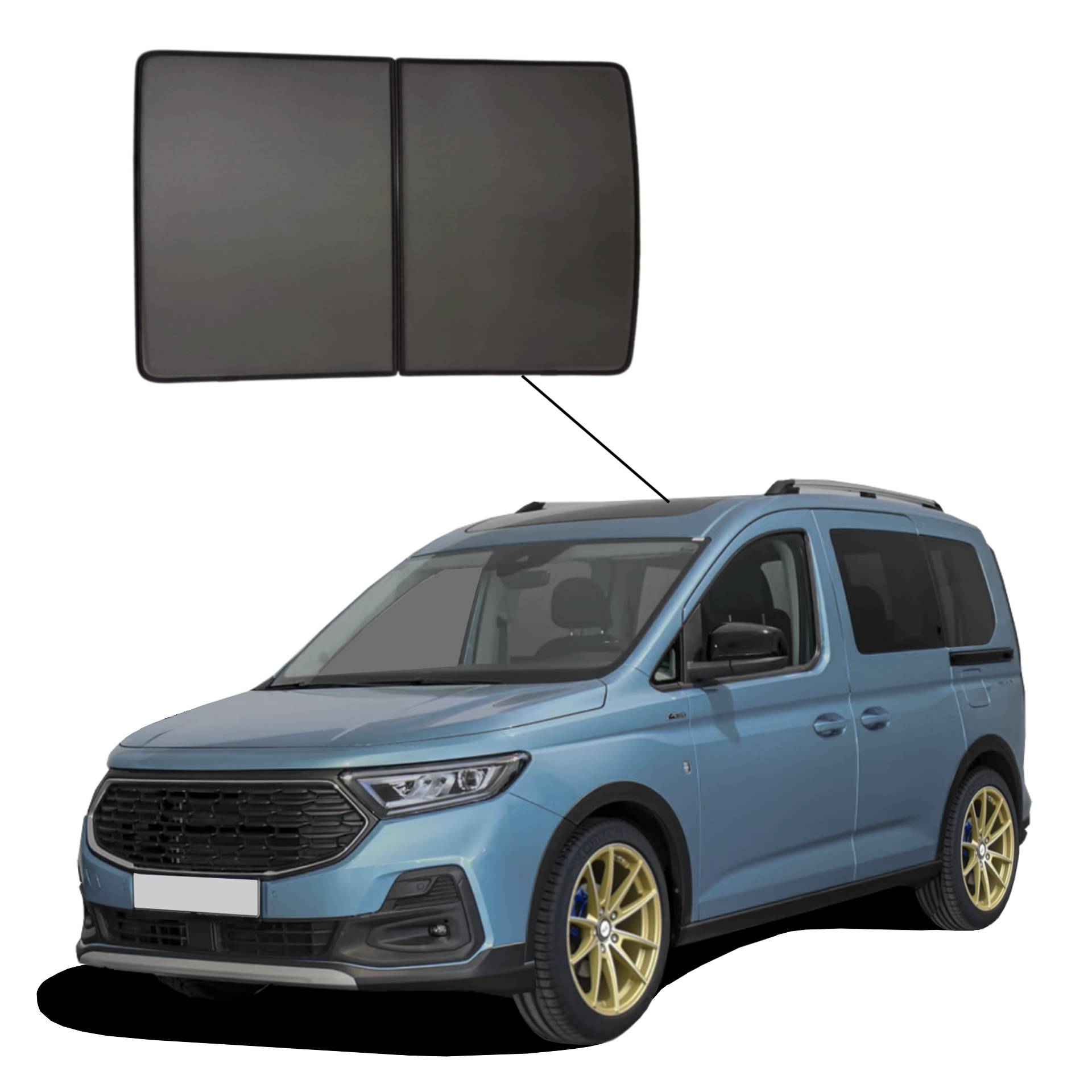 Ford Tourneo Connect Panoramadach ab 2022 SunClip Auto Sonnenschutz UV-Schutz Sonnenblende Hitzeschutz Autoscheibentönung Lärmdämmung ein Ford Tourneo Connect mit einem SunClip fürs Panoaramdach