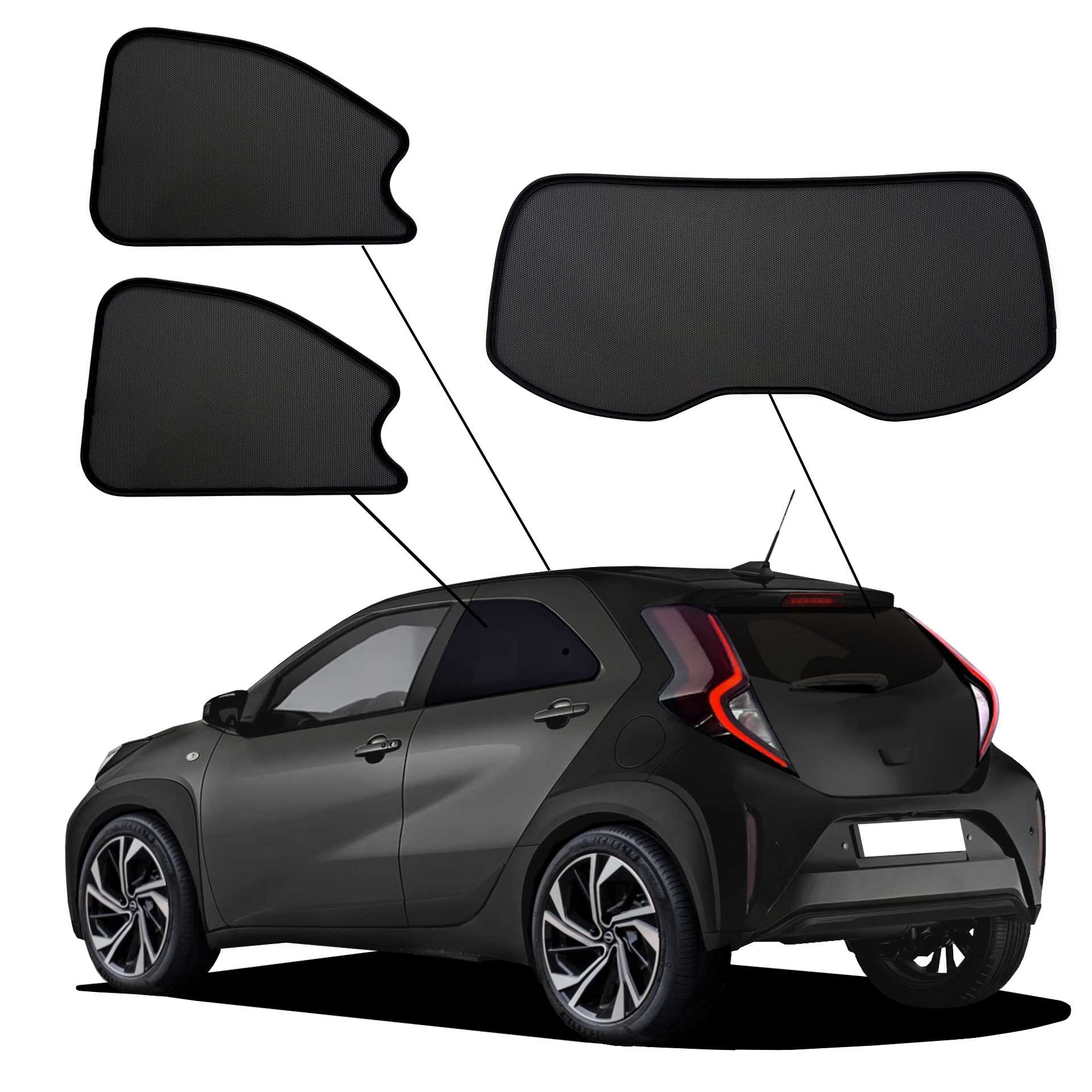 Toyota Aygo X ab 2022 SunClip Sonnenschutz Sichtschutz UV-Schutz Auto Sonnenblende Hitzeschutz Insektenschutz Autoscheibentönung Blendschutz ein Toyota Aygo X mit einem AC Set