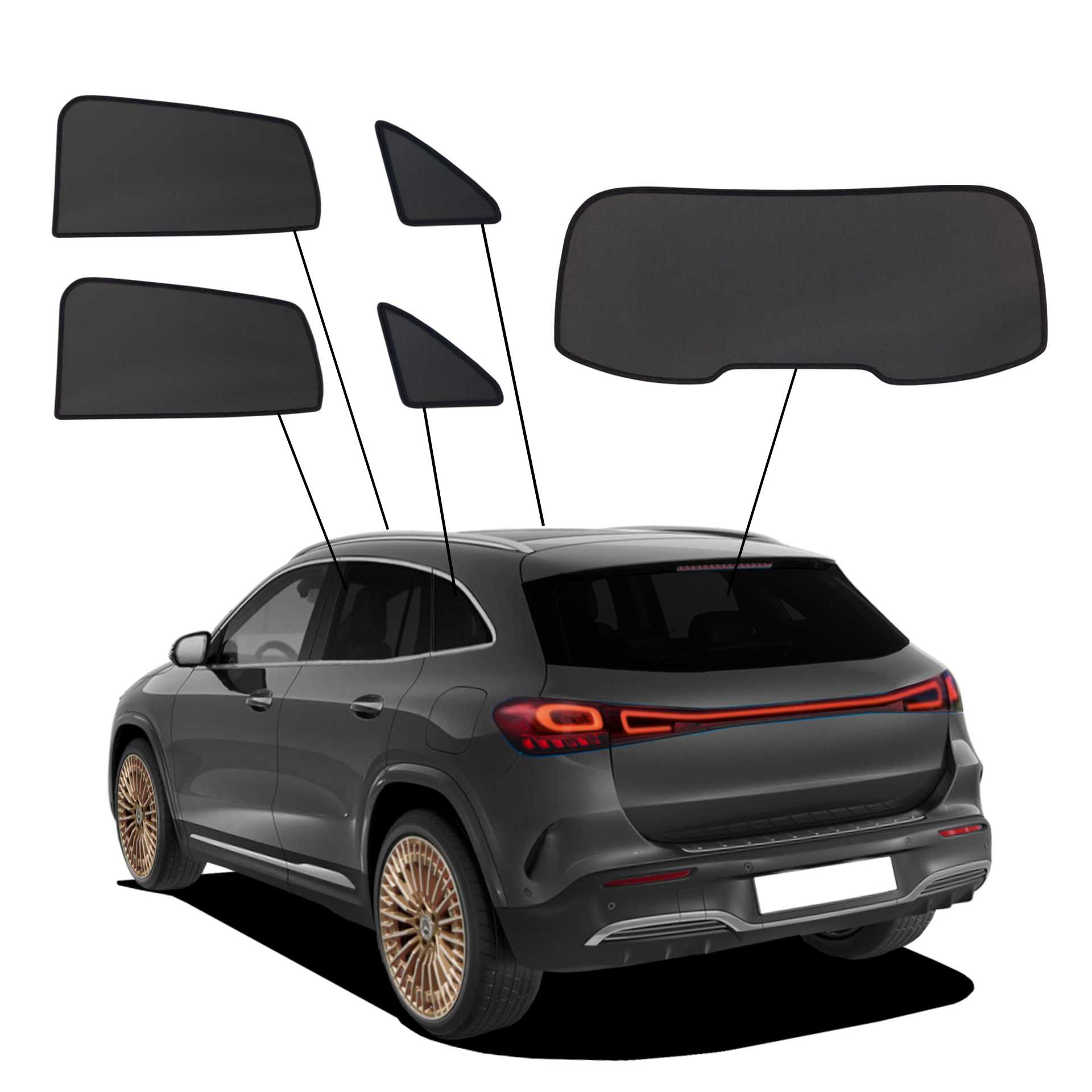 Mercedes EQA ab 2021 SunClip Sonnenschutz Sichtschutz UV-Schutz Auto Sonnenblende Hitzeschutz Insektenschutz Autoscheibentönung Blendschutz ein Mercedes EQA mit einem ABC Set