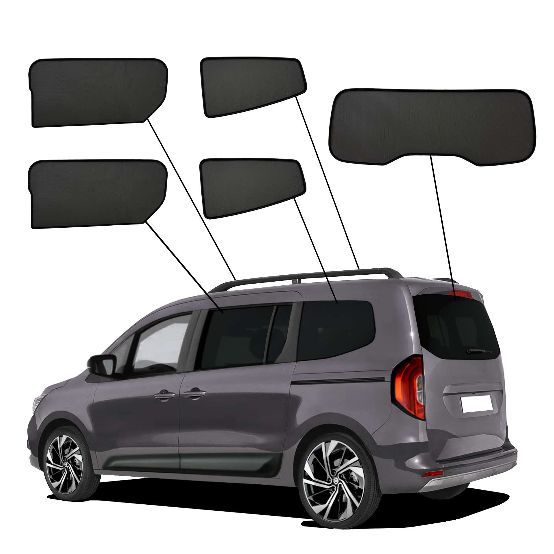 Nissan Townstar Langversion ab 2023 SunClip Sonnenschutz Sichtschutz UV-Schutz Auto Sonnenblende Hitzeschutz Insektenschutz Autoscheibentönung Blendschutz ein Nissan Townstar mit einem ABC Set