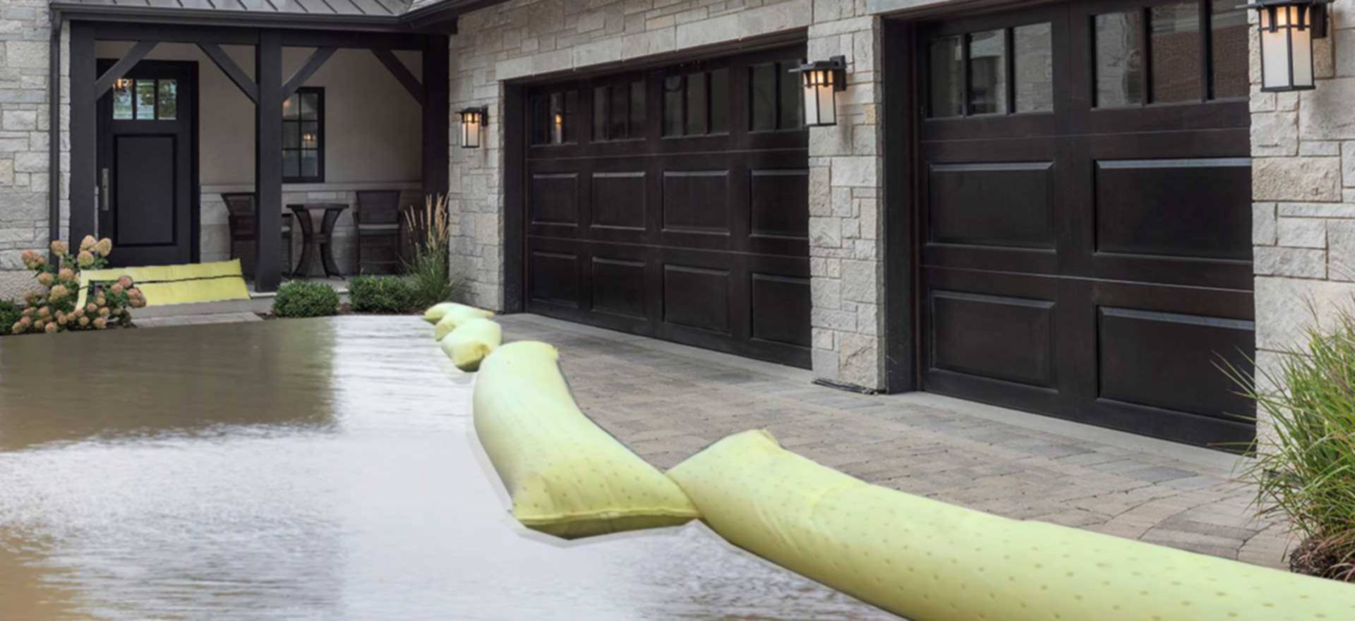 Water protection cushions - The innovative solution against flooding and heavy rain * yellow water protection screens block water inflow in front of garages and a front door