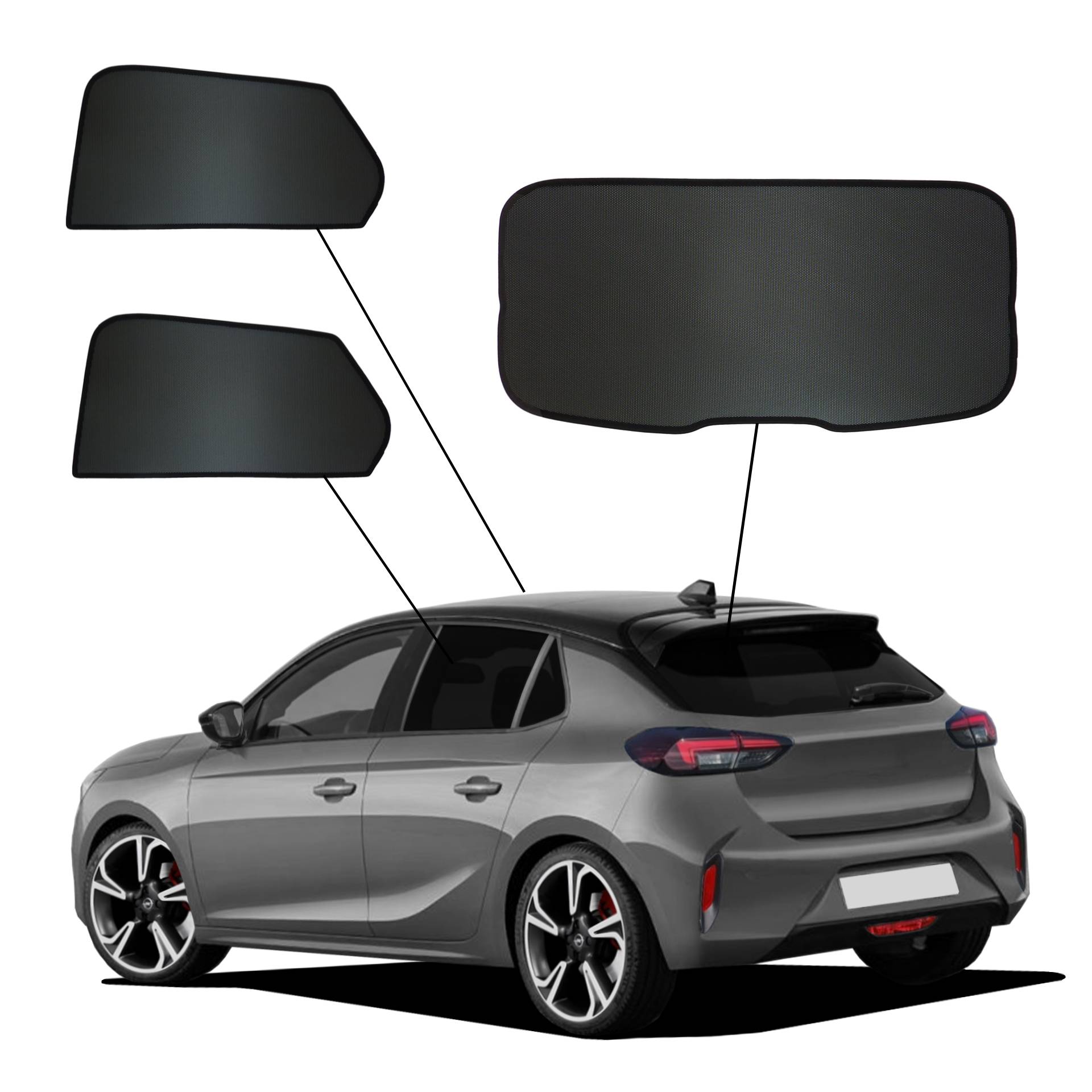 Opel Corsa F Corsa-e SunClip privacy & sun protection 2019- an Opel Corsa F and Corsa e with an AC set