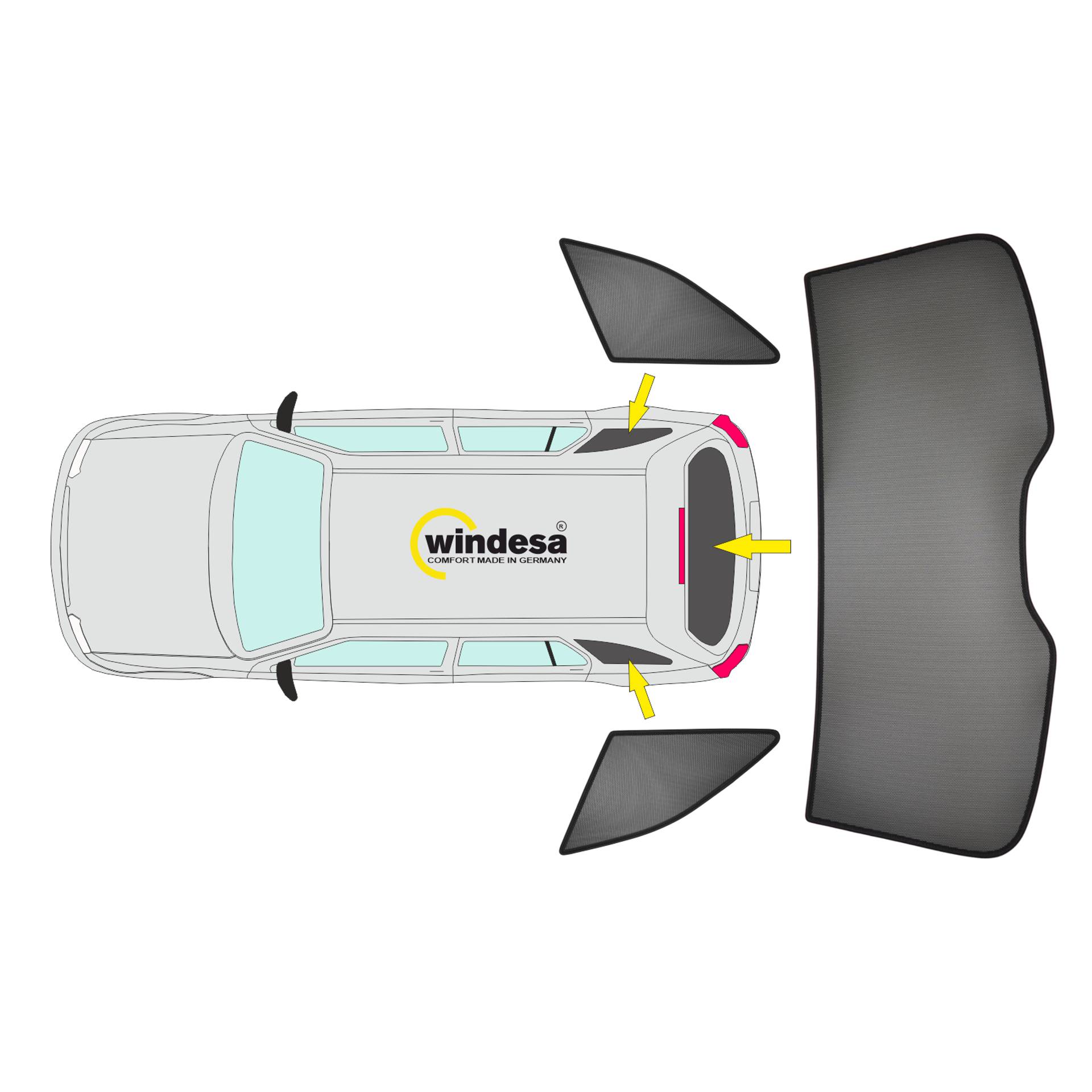 es wird die Position der Sonneblenden an den hinteren Türscheiben und an der Heckscheibe gezeigt (BC Set)