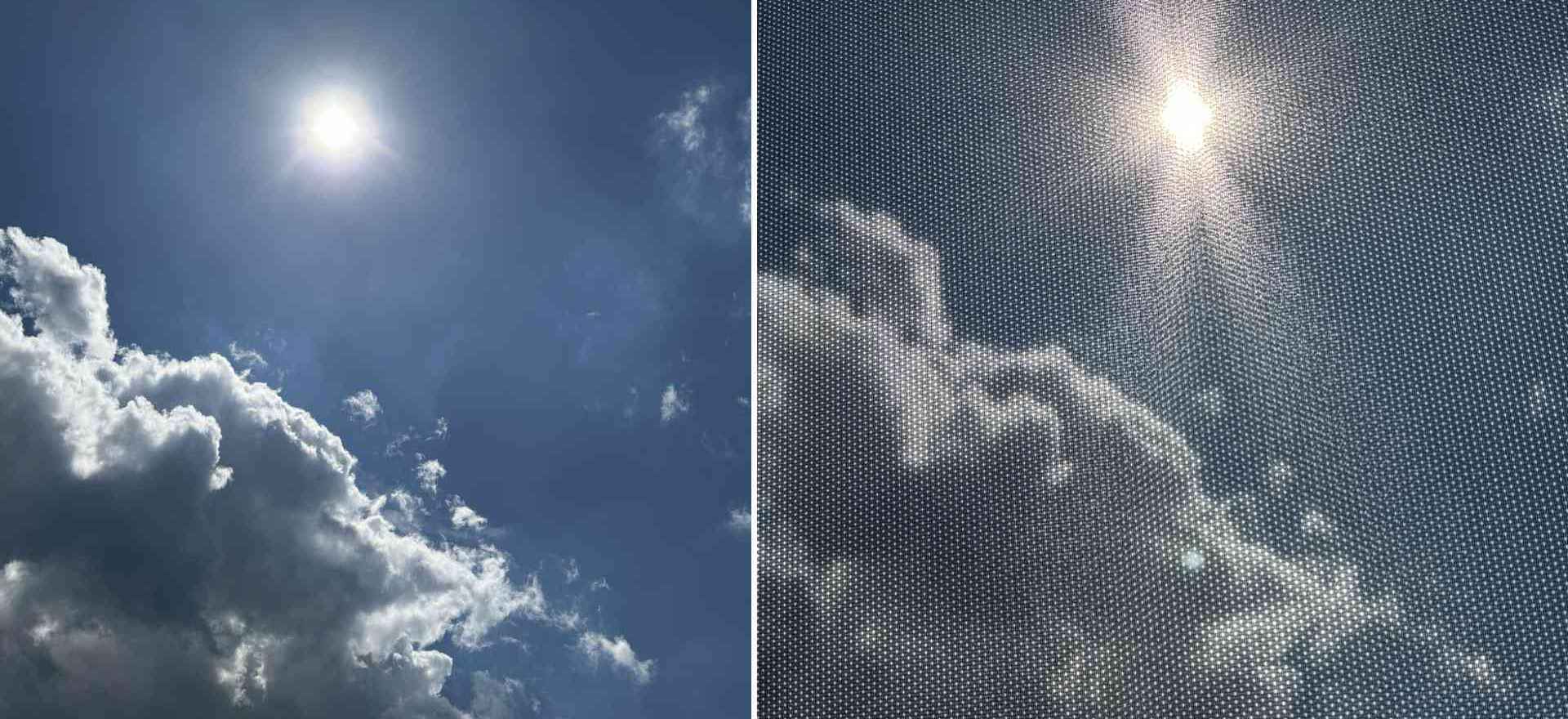 Protection from UV rays in the car Two pictures of the sun in comparison with and without sun visor