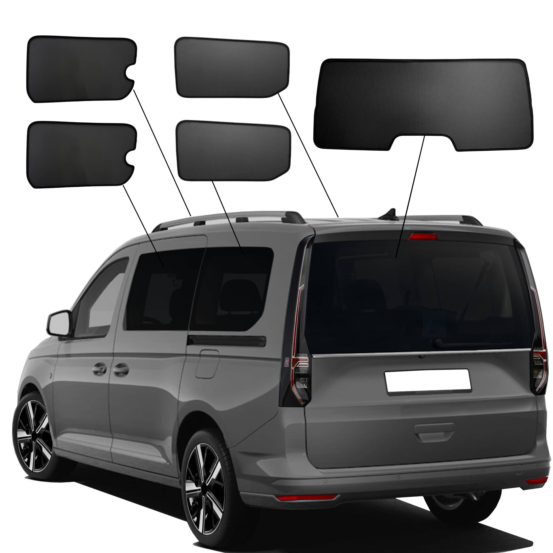 VW Caddy 5 Maxi mit Ausstellfenster ab 2020 SunClip Auto Sonnenschutz Sichtschutz UV-Schutz Auto Sonnenblende Hitzeschutz Insektenschutz Autoscheibentönung ein VW Caddy Maxi mit einem ABC Set
