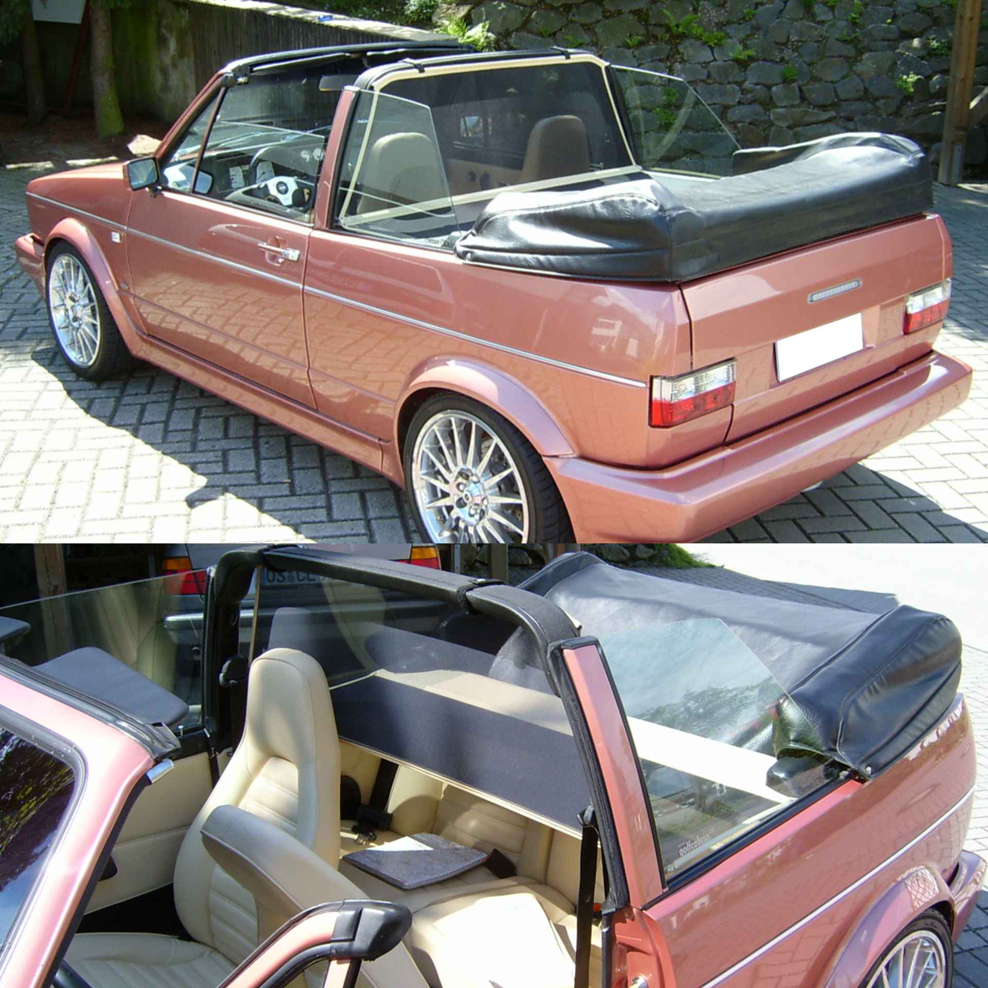 Golf 1 Cabrio Windschott Farbvarianten BODI XLC zwei Bilder eines roten Golf Cabrios mit einem XLC Windschott