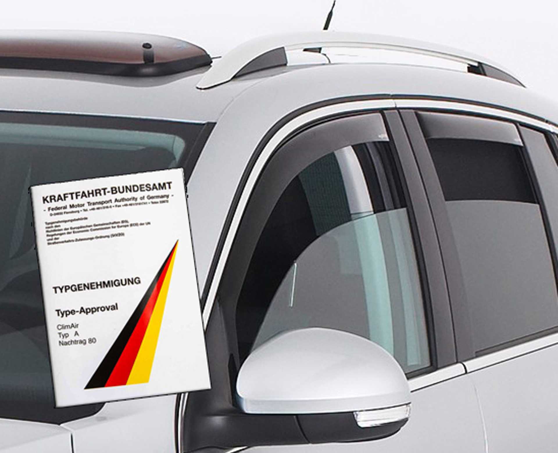 Typgenehmigung für Windabweiser vor einem Auto mit Windabweisern