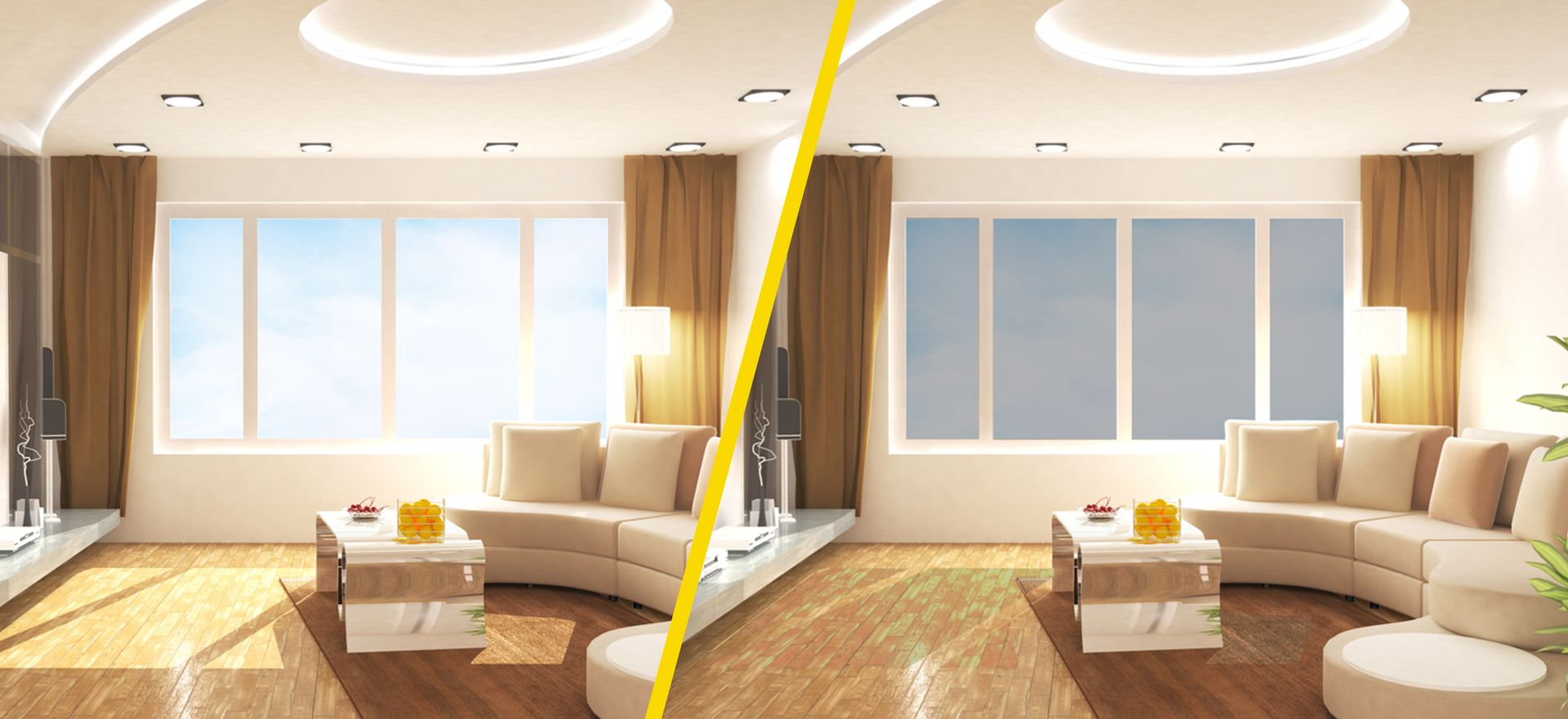 Optimise your indoor climate with ease using the WinClip A comparison with and without sun protection in the living room