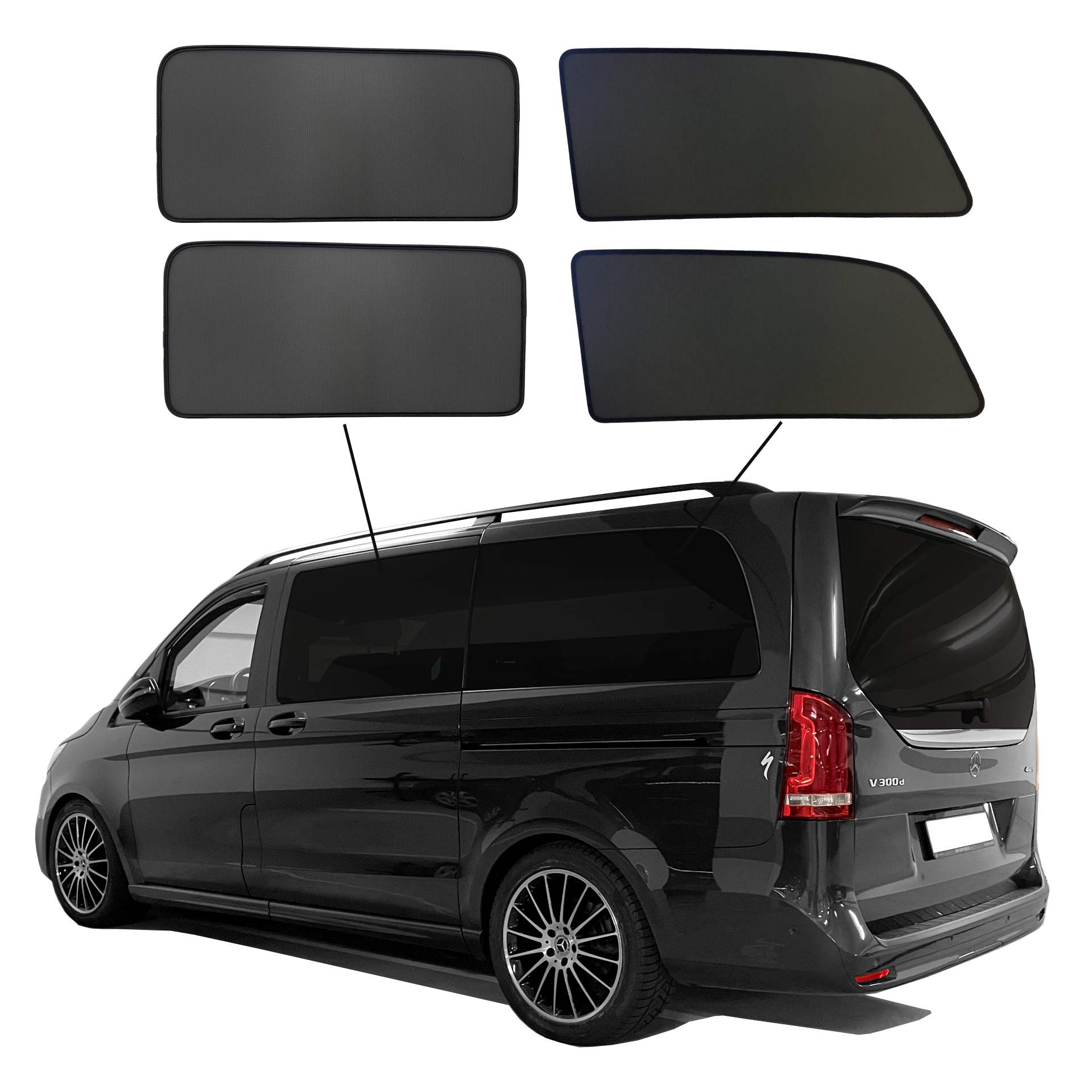 Mercedes V-class SunClip privacy & sun protection 2014-2024 (without opening window) a Mercedes V-class with an AB set
