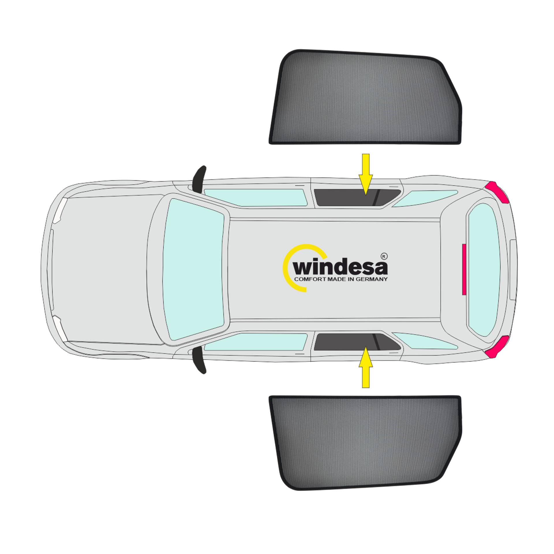 es wird die Position der Blenden an den vorderen Scheiben am Auto gezeigt (A Set)