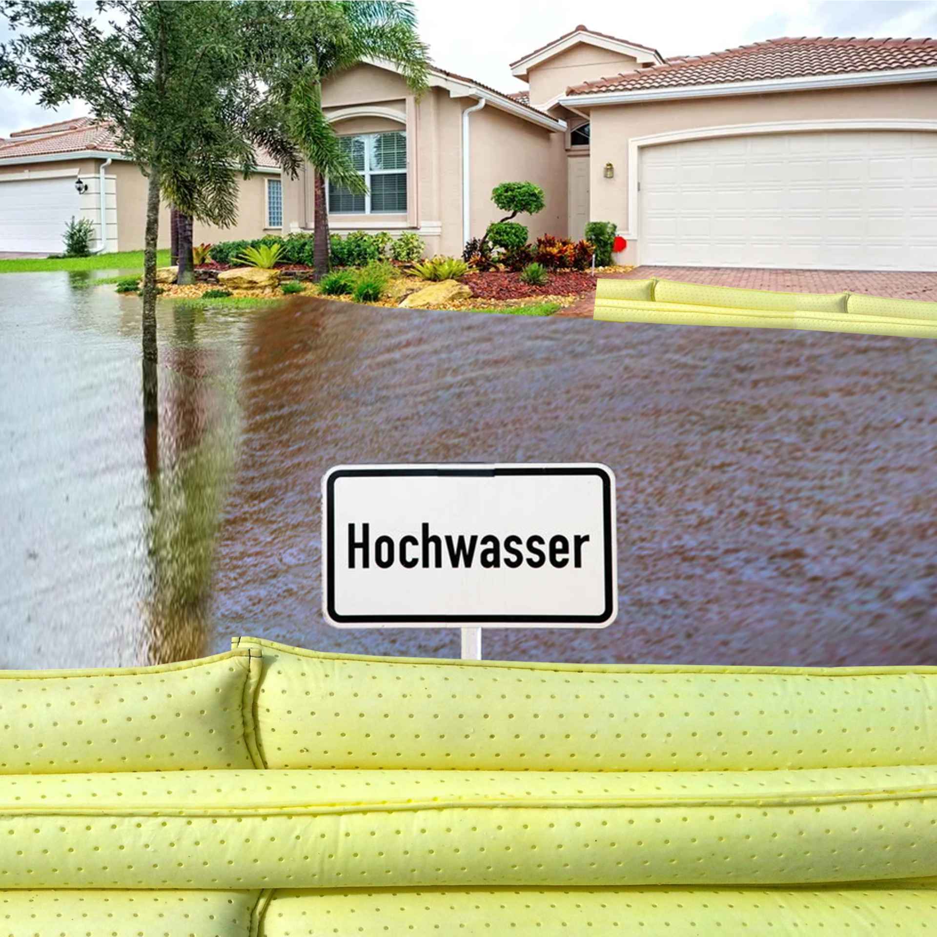 Hochwasserschild vor einem Haus, das von Überschwemmung durch Wasserschutzschläuche geschützt wird