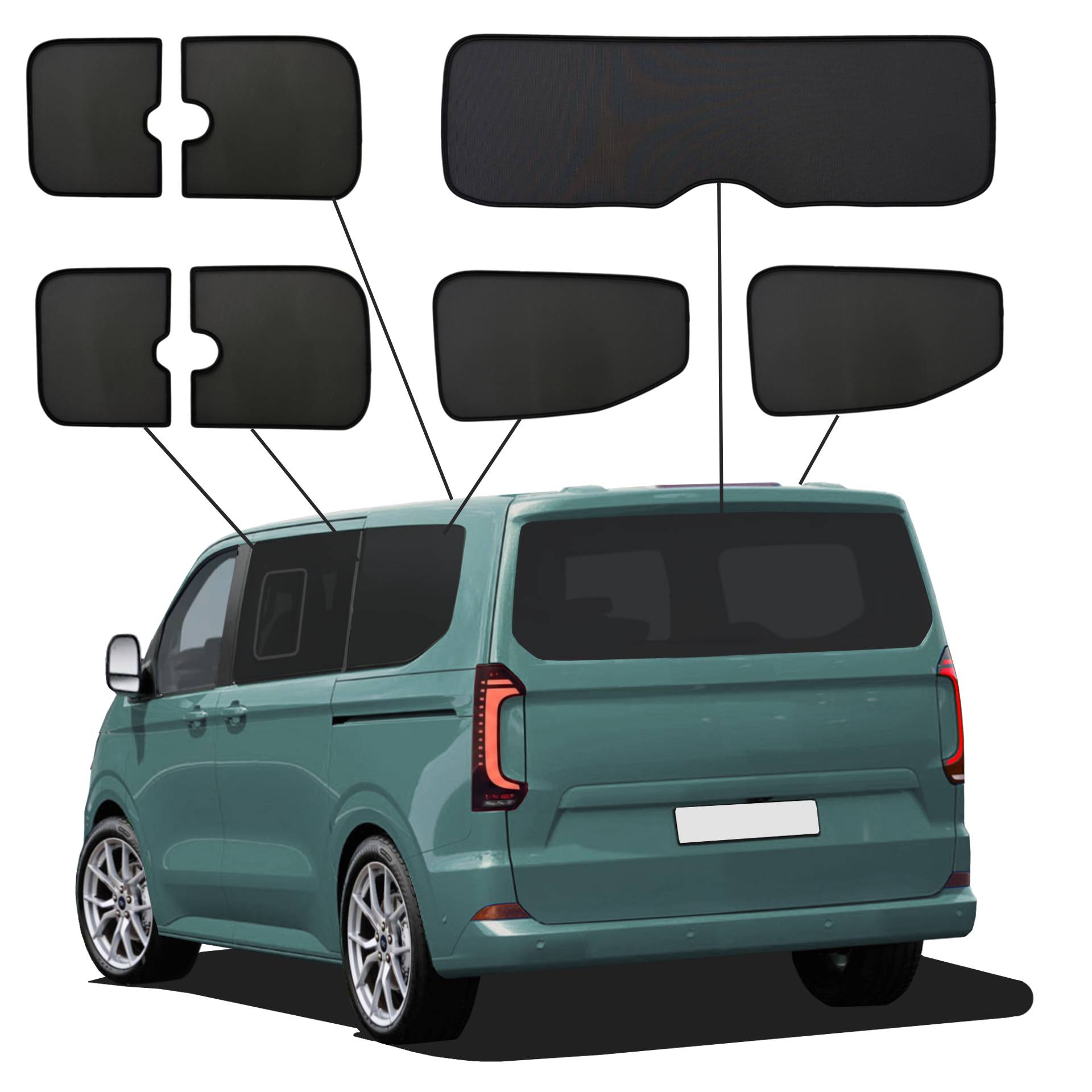 VW T7 Caravelle L1 mit Ausstellfenster ab 2025 SunClip Auto Sonnenschutz Sichtschutz UV-Schutz Auto Sonnenblende Hitzeschutz Insektenschutz Autoscheibentönung ein VW T7 Caravelle mit einem ABC Set