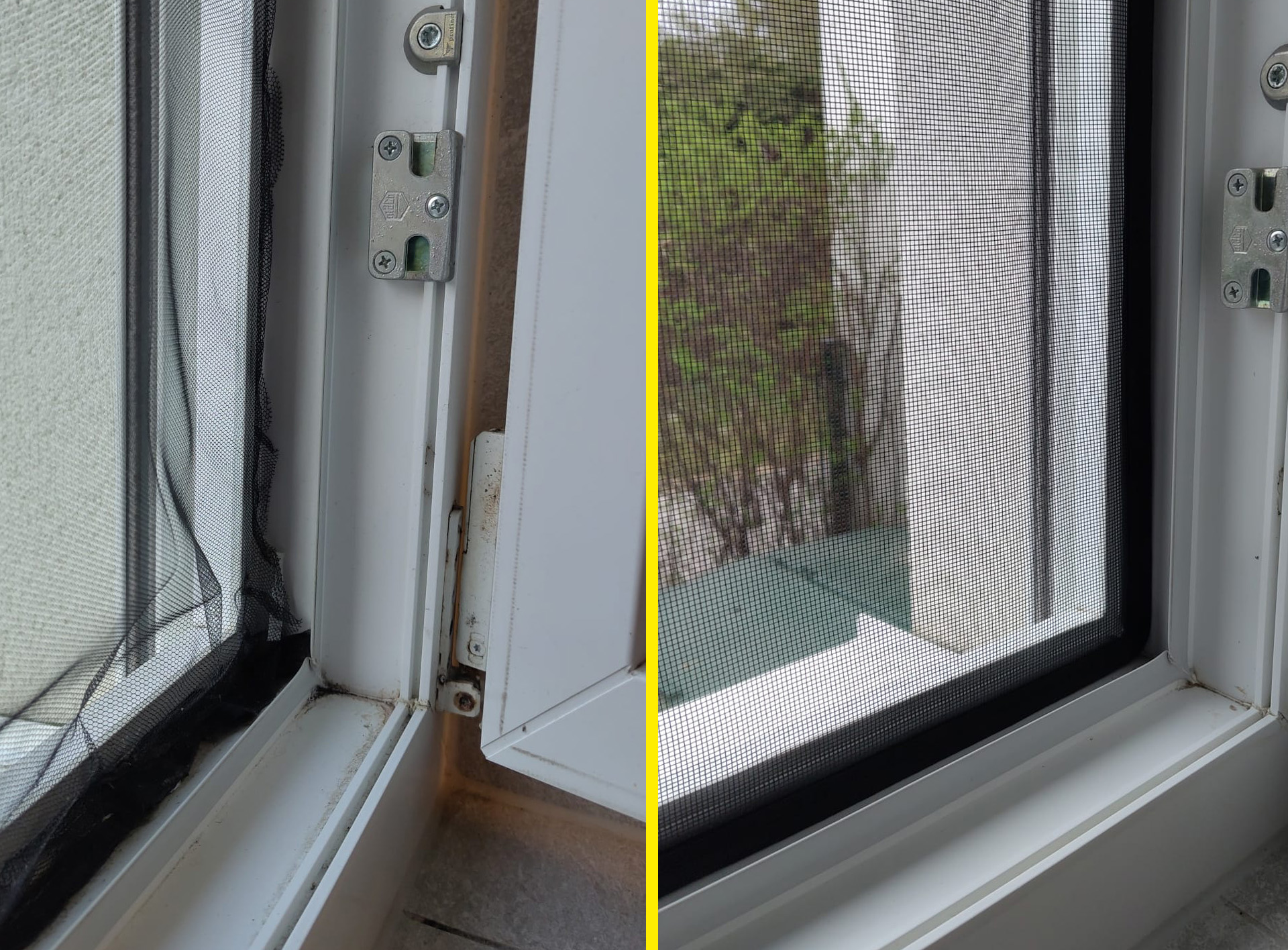 Vorher vs. Nachher: Warum sich der Wechsel von Klett-Fliegengittern zum WinClip wirklich lohnt Vergleich zwischen einem Fenster mit Klettband-Insektenschutznetz und dem WinClip
