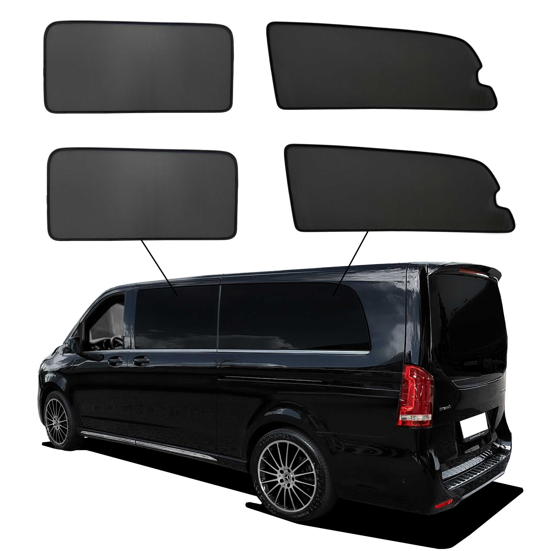 Mercedes V-Klasse extra lang 2014-2024 SunClip Sonnenschutz (Seitenscheiben mit Ausstellfenster) Sichtschutz UV-Schutz Auto Sonnenblende Hitzeschutz Insektenschutz Autoscheibentönung Blendschutz eine mercedes v-klasse mit einem AB Set