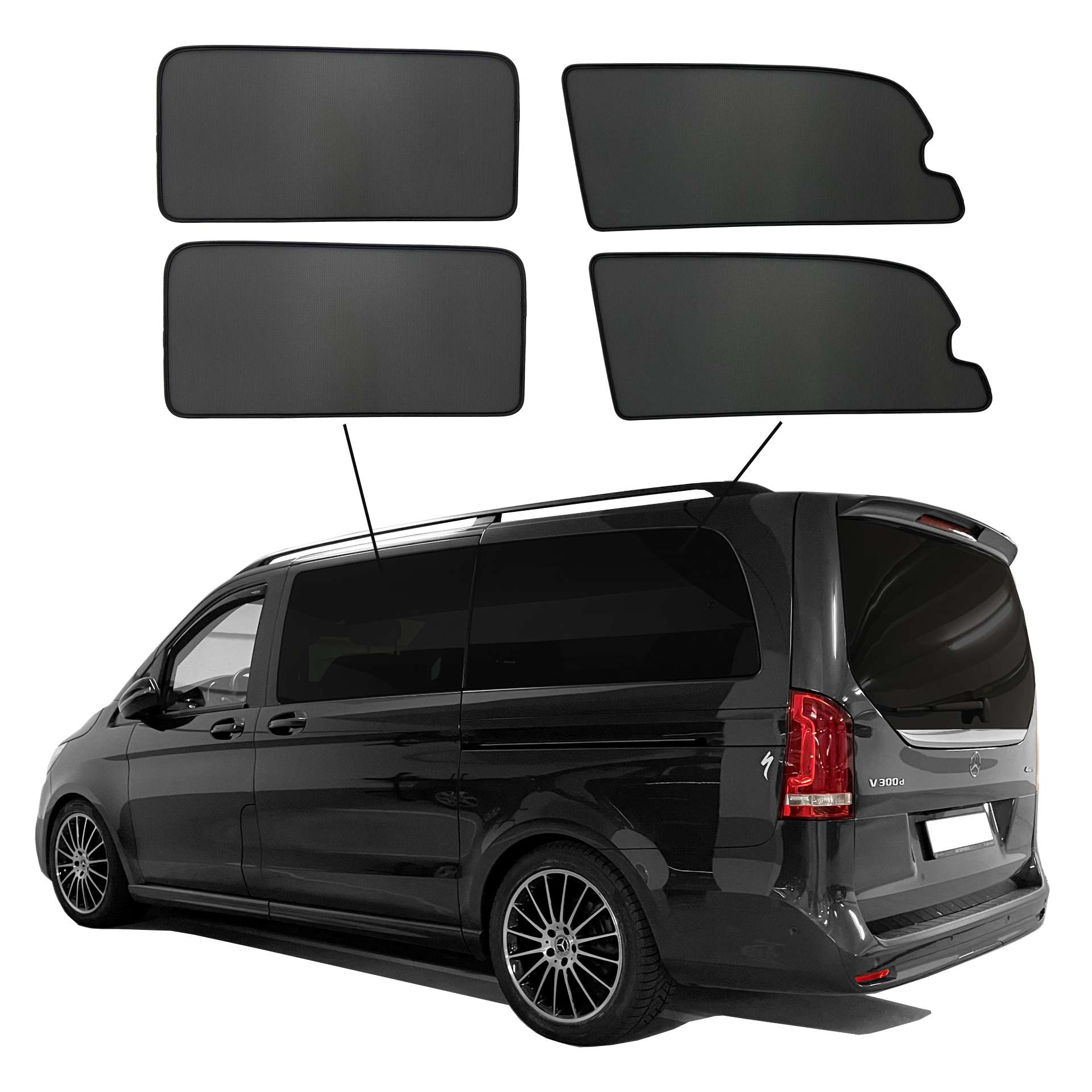 Mercedes V-Klasse lang SunClip Auto Sonnenschutz & Sichtschutz 2014-2024 (Seitenscheiben mit Ausstellfenster) eine Mercedes V-Klasse mit einem AB Set