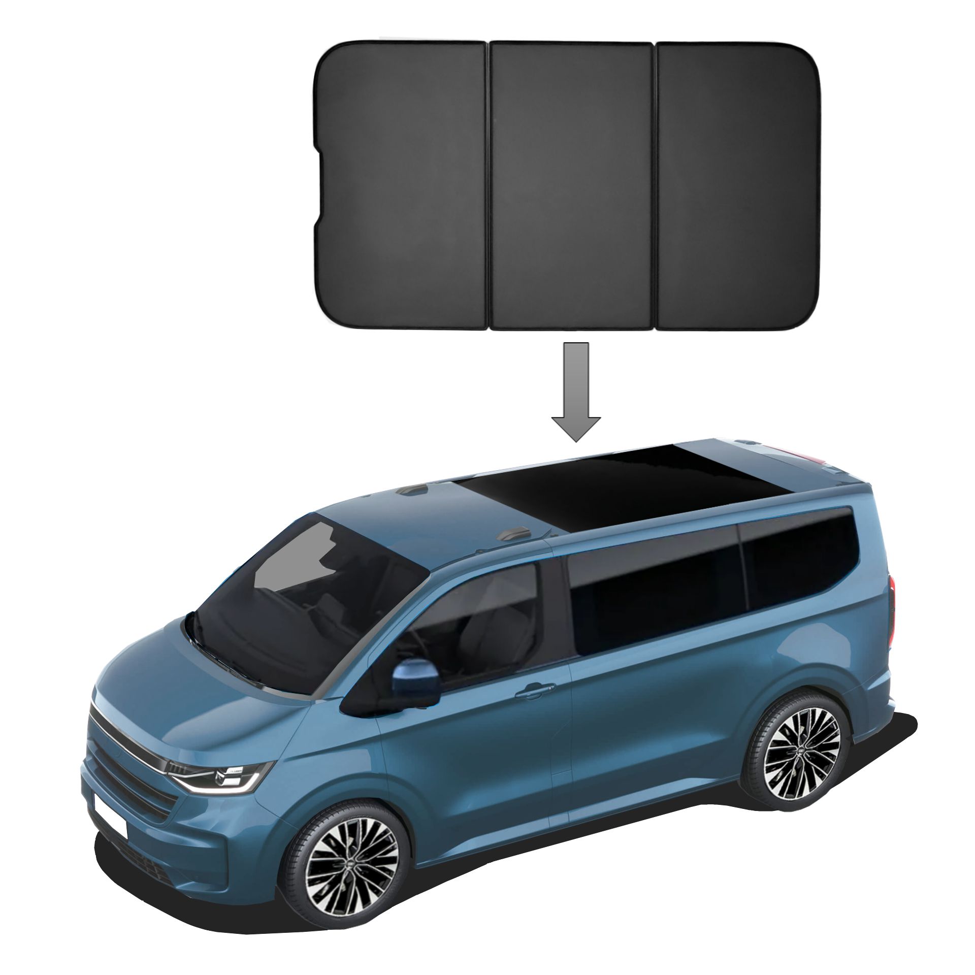 VW T7 Caravelle L1 Panoramadach ab 2025 SunClip Auto Sonnenschutz UV-Schutz Auto Sonnenblende Hitzeschutz Insektenschutz Autoscheibentönung eine VW T7 Caravelle mit einem SunClip Panoramadach