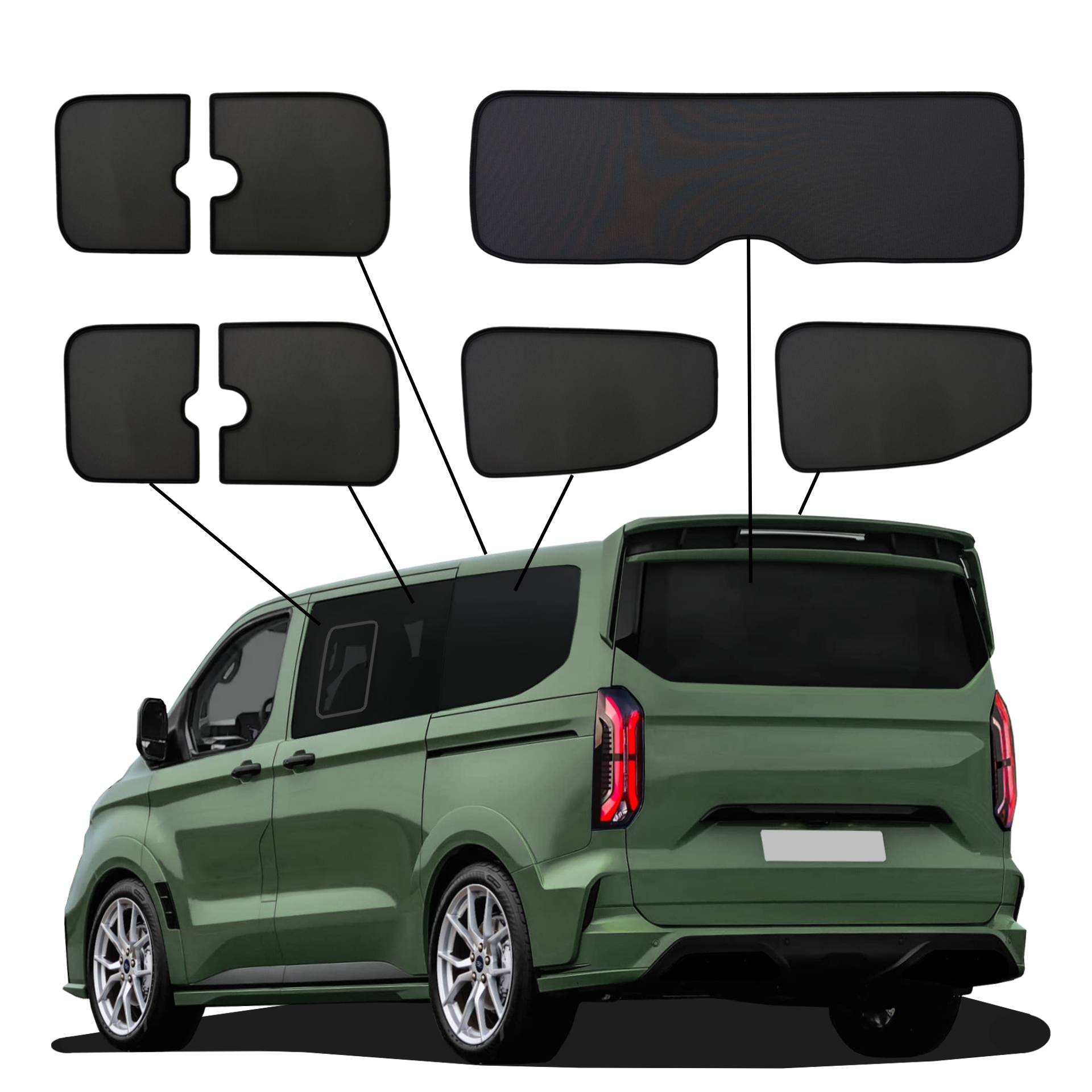 Ford Tourneo Custom L1 Bus mit Ausstellfenster ab 2024 SunClip Auto Sonnenschutz Sichtschutz UV-Schutz Auto Sonnenblende Hitzeschutz Insektenschutz Autoscheibentönung ein Ford Tourneo Custom mit einem ABC Set
